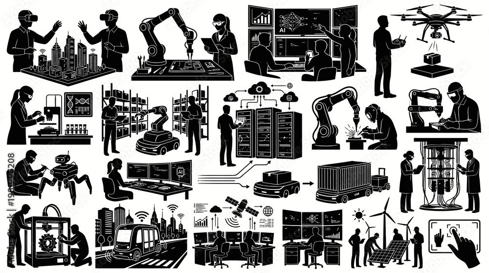 Fototapeta premium Technology and Innovation Icons: Industry 4.0, Robotics, AI, Drones, VR