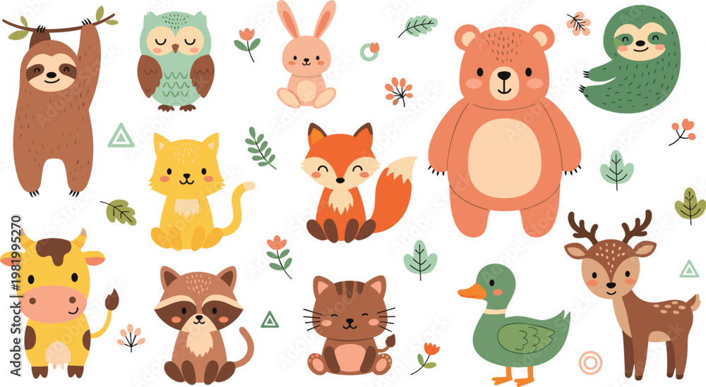 Obraz premium Cute Woodland Animal Character Set Including Bear Fox Deer Owl Sloth Cat Cow Duck and Bunny in Cartoon Style