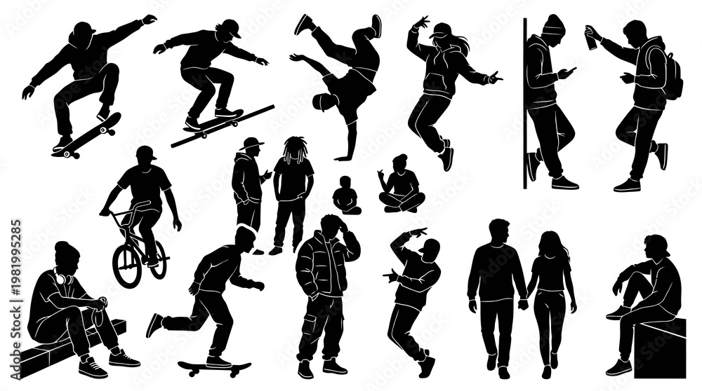 Fototapeta premium Urban Youth Silhouettes: Skateboarding, BMX, Breakdancing, Hip Hop Style