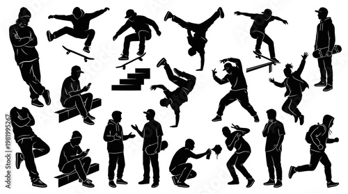Black and White Silhouette Icons of Skateboarders and Breakdancers