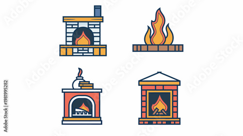 Four stylized illustrations of fireplaces with burning flames, in different colors and designs