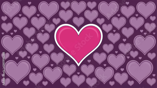 A grid of purple hearts with a single prominent bright pink heart in the center on a dark purple background, keywords: purple