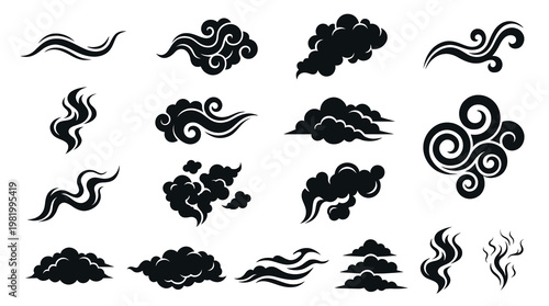 Vector Black Glyph Smoke, Cloud, Steam  Aroma Icons - Abstract Atmospheric Design Elements