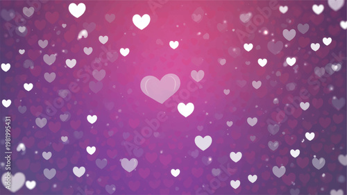 A soft bokeh of white and pink hearts drifting on a vibrant pink and purple gradient background, keywords: white hearts, pink