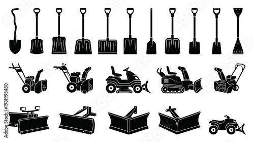 Snow Removal Equipment Glyph Icons Set - Winter Maintenance Tools  Machinery Silhouettes