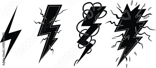 Electric energy bolt icons set with lightning strikes and power surge symbols isolated on white background