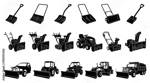 Snow Removal Equipment Glyphs Set - Winter Maintenance Vehicles and Tools Solid Icons