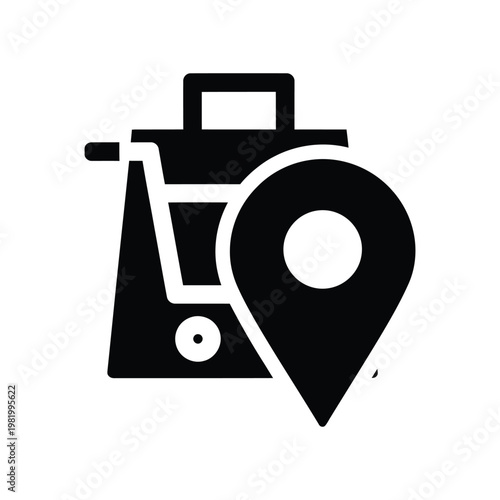 Minimalist black store locator glyph with shopping bag symbol white gray