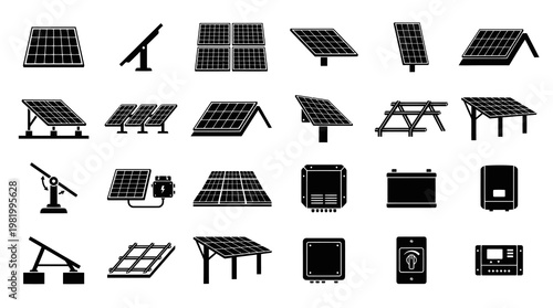 Renewable Solar Energy System Icons - Photovoltaic Panels, Inverters, Batteries Glyphs