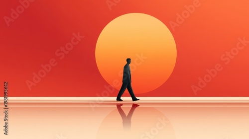 Man Walking Towards Bright Sunset with Colorful Orange and Yellow Sky in Minimalist Style Creating a Peaceful and Reflective Mood