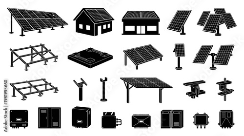 Renewable Energy Solar Power System Equipment Black White Glyph Silhouette Icons Vector Set