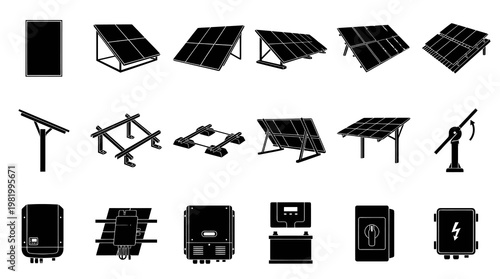 Renewable Solar Energy System Components Vector Icons Set - Photovoltaic Panels, Inverters, Mounts