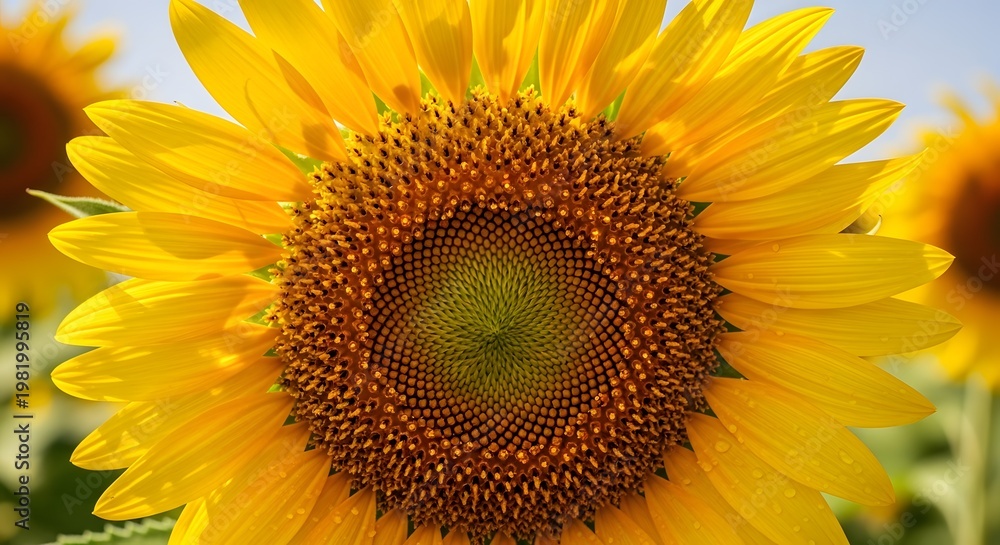 Naklejka premium Macro view of sunflower head showing complex seed pattern and bright yellow petals in golden sunlight.