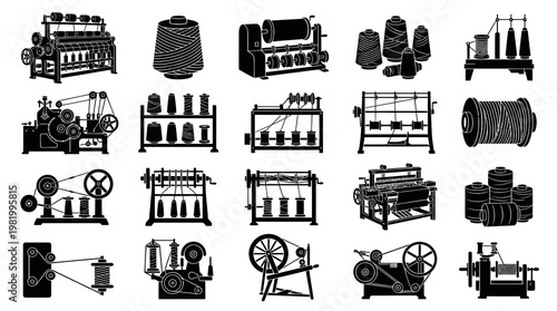 Textile Industry Machinery Icons - Black and White Vector Set
