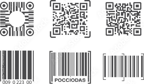 Set of QR codes and barcodes with product identification numbers for retail and inventory management