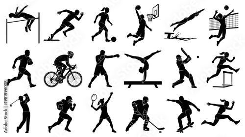 Sports Athletes Silhouettes Set - Diverse Sporting Activities Vector Glyphs Collection