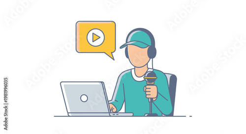 Podcaster recording audio with microphone and laptop vector illustration
