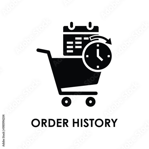 Minimalist black glyph of a shopping cart with clock, symbolizing order history time