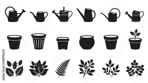 Gardening icons: watering cans, pots, and plants in black and white glyph style