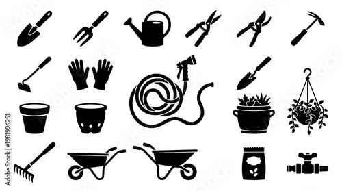 Black and white garden tools icons, glyphs, and illustrations