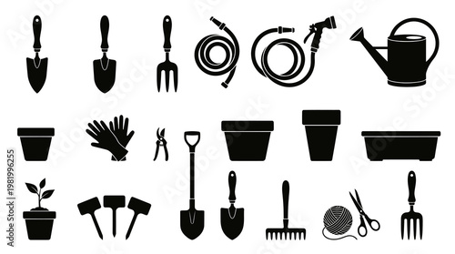 Black  White Garden Tools  Supplies Glyph Icons Set