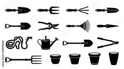 Black and White Glyph Icons of Gardening Tools and Pots