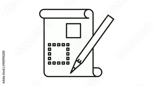 Minimalist black line vector icon illustration of a rolled blueprint or scroll with a pencil, representing architectural design, engineering plans, creative drafting, and project development.
