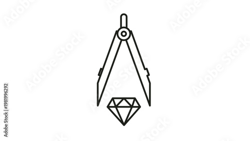 Minimalist black line art vector icon of a drawing compass divider tool measuring a diamond gemstone, symbolizing jewelry design, precision craftsmanship, luxury manufacturing, and gemology.