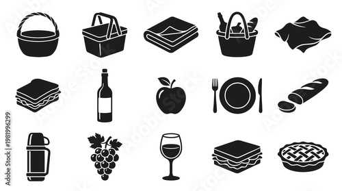 Black  White Glyph Icons of Picnic Food and Accessories