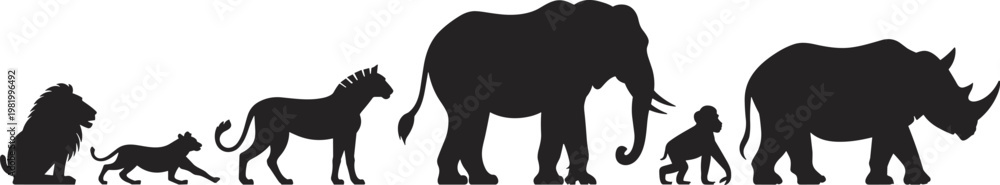 Fototapeta premium Animal evolution silhouettes from lion to human and rhinoceros, illustrating wildlife progression, natural history, species development, and evolutionary concept