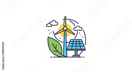 Renewable energy sources illustration featuring solar panel and wind turbine