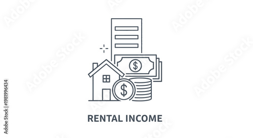 Rental income concept illustration house money stack of coins and documents