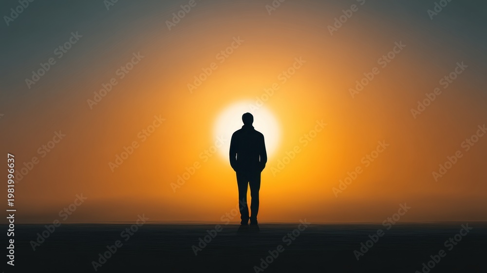 Fototapeta premium Silhouette of a Man Standing Against a Vibrant Sunset with Warm Hues in the Sky, Evoking Feelings of Solitude and Reflection in the Evening Light
