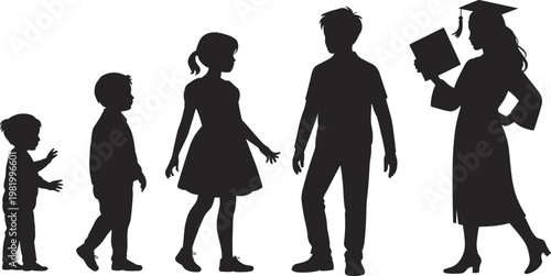 Children growth stages silhouette from toddler to graduate, illustrating education journey, development, learning progress, and academic achievement concept