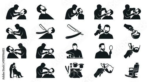 Barber Shop Shaving  Grooming Silhouette Icons Set. Male Hairdresser Tools  Beard Care Glyphs.