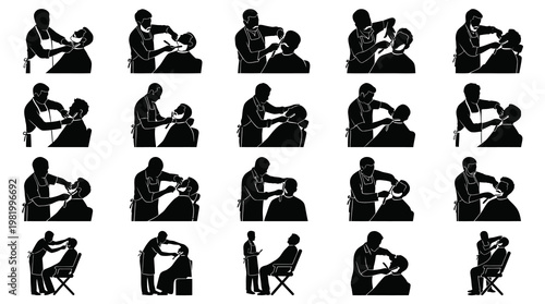 Barber Shaving  Haircut Man Silhouette Icon Set - Grooming Industry Black Glyphs