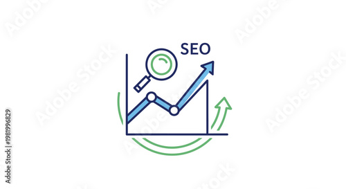 Seo graphic with magnifying glass and rising arrow on white background