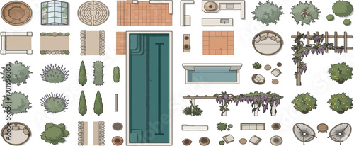 Vector Top View Landscape Garden Design Set Featuring Decking, Paving, and Fire Pit for Site Plans