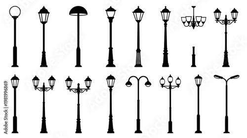 Urban Outdoor Lighting Silhouette Vector Set: Streetlights, Lampposts  Park Light Glyphs
