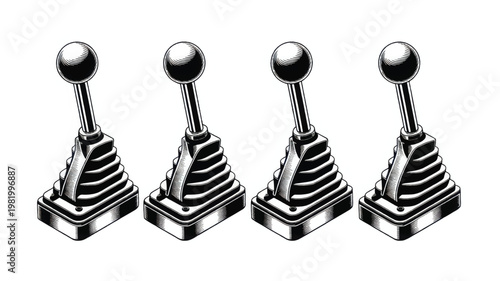 Four vintage manual gear shift levers in a row on a white background, keywords: gear shift, manual transmission, car, parts