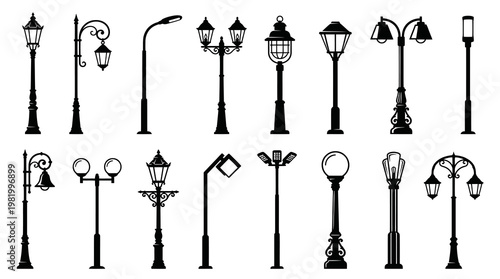 Black Silhouette Streetlights Vector Icon Set. Urban Lampposts and City Light Poles Collection.