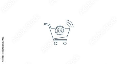 Shopping cart icon with at symbol and wireless signal on white background