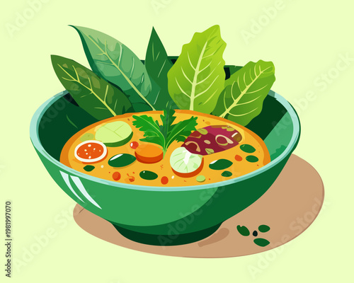 Delicious healthy vegetable soup bowl with fresh greens and organic ingredients for nutritious meal and balanced diet - Vector Illustration