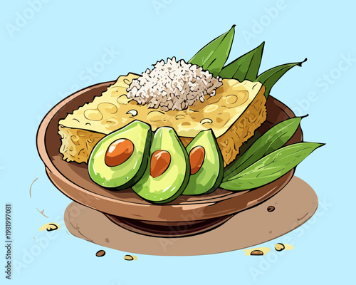 Savory rice cake served with creamy avocado slices and lime garnish on a light blue artistic plate - Vector Illustration