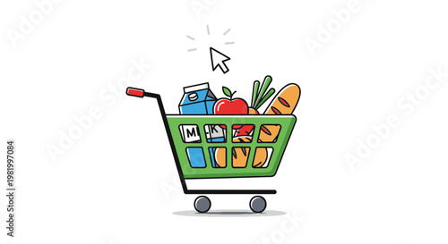 Shopping cart with groceries illustration online retail concept white background