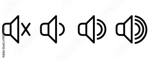 Minimalist line icon set of speaker volume levels from mute to full sound
