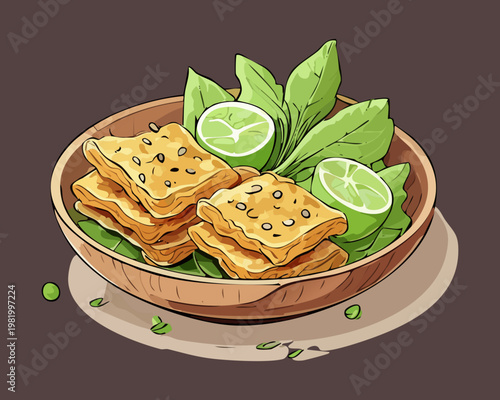 Savory crackers topped with lime slices and fresh herbs served on a dark brown wooden circular plate - Vector Illustration
