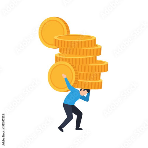 Man lifting stack of gold coins with effort