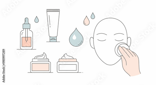 Skincare routine illustration with cosmetic products and face cleansing concept