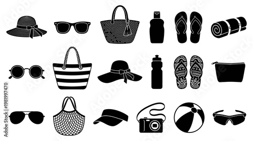 Black  White Beach Vacation Icons: Hats, Sunglasses, Bags, Flip-flops, Ball